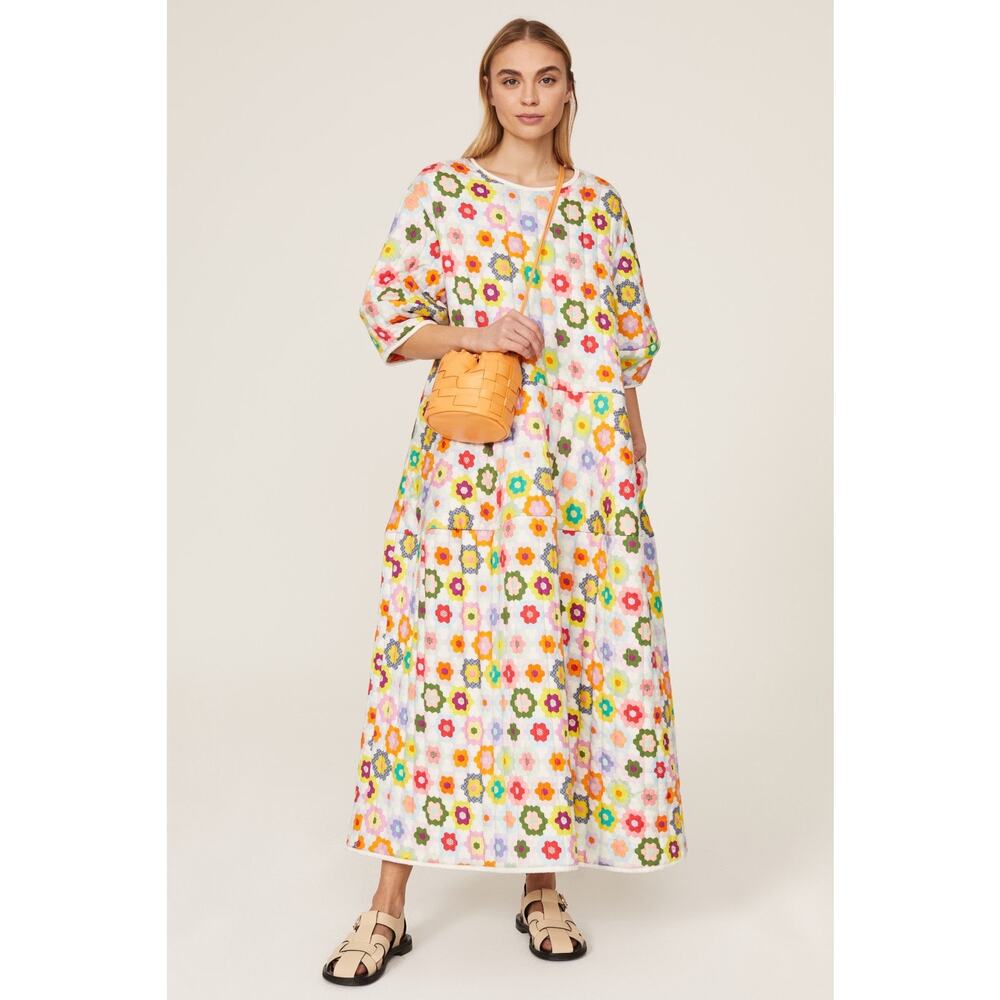 Mira Mikati White Floral Crochet Maxi Dress with Multicolor Flowers